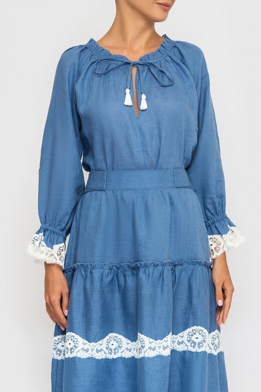 Костюм в стилі бохо лляна спідниця та блуза з мереживом 