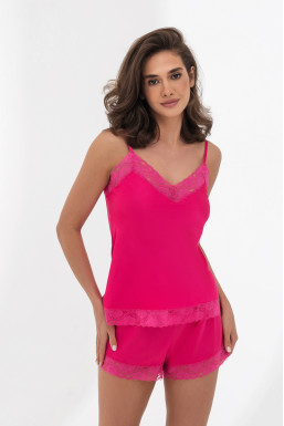 Комплект шовковий жіночий топ та шорти з мереживом, фуксія
