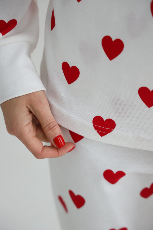 Пижама реглан и брюки, принт красное сердечко