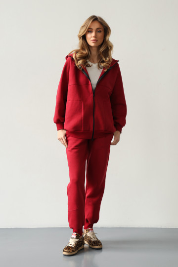 Костюм на флисе утепленный, брюки с кокеткой и кофта на молнии, цвет бордо