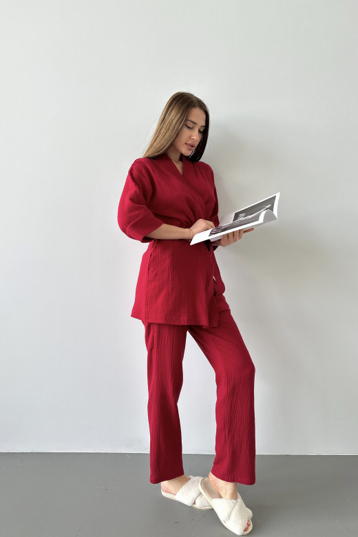 Костюм домашний женский халат короткий и штаны, цвет бордо