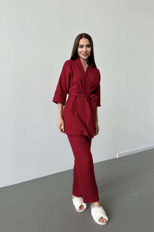 Костюм домашній жіночий халат короткий та штани, колір бордо