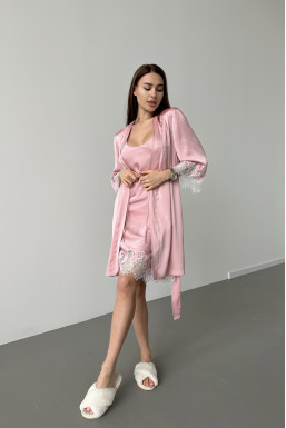 Комплект женский шелковый с кружевом, халат и рубашка, цвет розовый