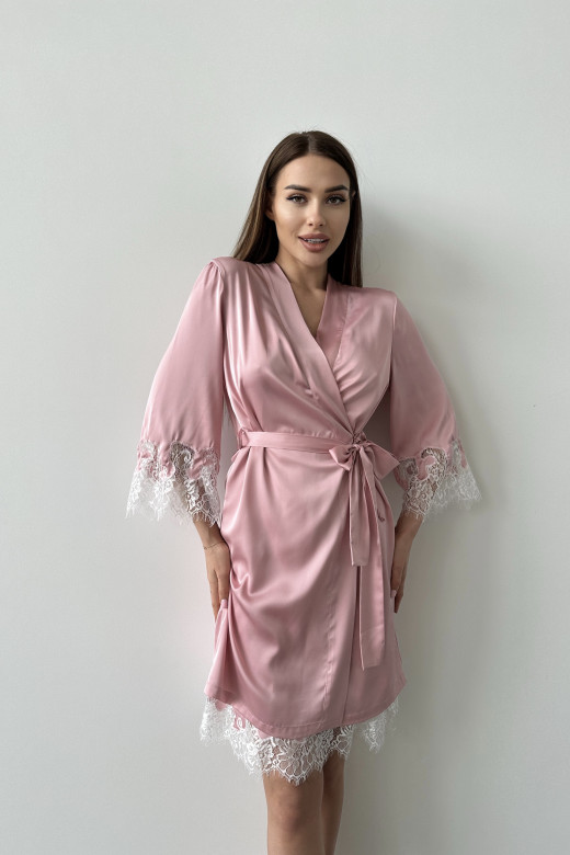 Комплект жіночий шовковий з мереживом, халат та сорочка, колір рожевий