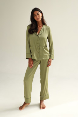 Женский шелковый пижамный костюм German Volf: кофта и штаны, олива