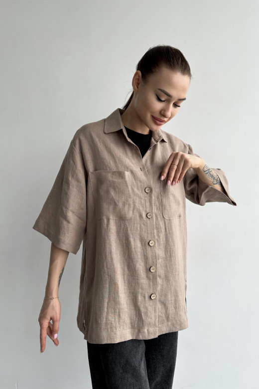 Рубашка льняная женская с короткими рукавами на пуговицах, цвет кофейный