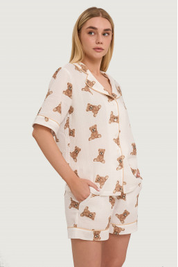 Пижамный муслиновый комплект рубашка и шорты, принт медвежата