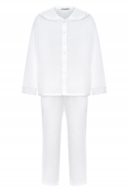 Комплект з мусліну сорочка з довгим рукавом та капюшоном та повсякденні пляжні штани, колір білий, модель унісекс
