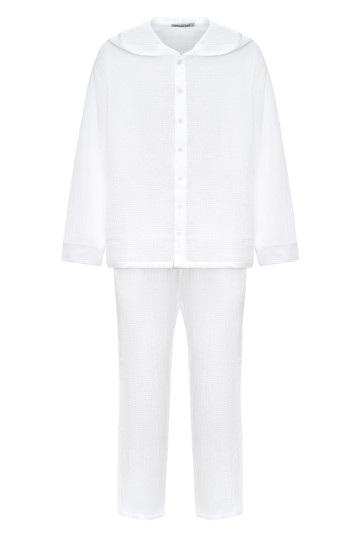 Комплект из муслина рубашка с длинным рукавом и капюшоном и повседневные пляжные брюки, цвет белый, модель унисекс
