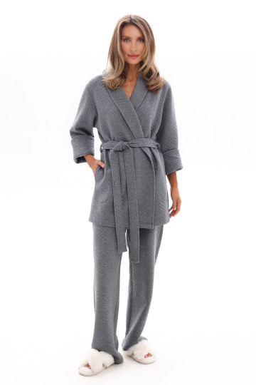 Костюм домашний женский капитоний кардиган на запах и брюки, темно-серый