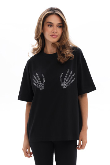 Футболка жіноча базова з аплікацією стрази, чорний