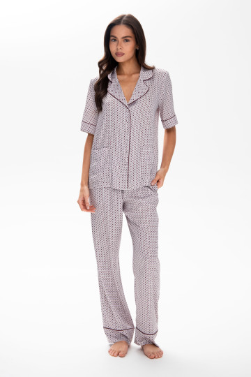 Піжамний костюм шовковий з кантом, жакет з коротким рукавом та штани, принт бордо