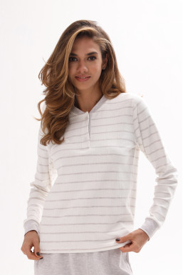 Лонгслив домашний женский из хлопка, бежевая полоска 