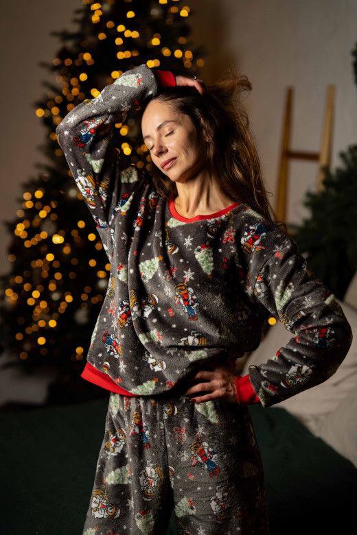 Піжамний костюм жіночий домашній з велсофту, принт ведмедики Піжамний костюм жіночий домашній з велсофту, принт ведмедики