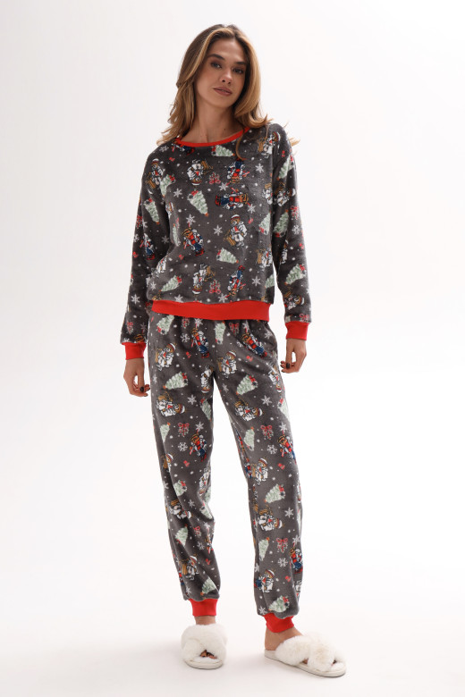 Піжамний костюм жіночий домашній з велсофту, принт ведмедики Піжамний костюм жіночий домашній з велсофту, принт ведмедики