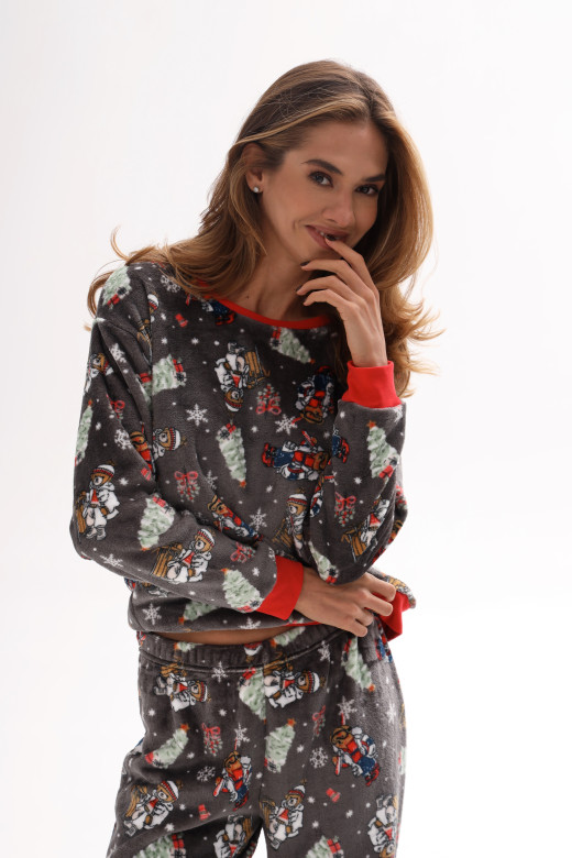 Піжамний костюм жіночий домашній з велсофту, принт ведмедики Піжамний костюм жіночий домашній з велсофту, принт ведмедики