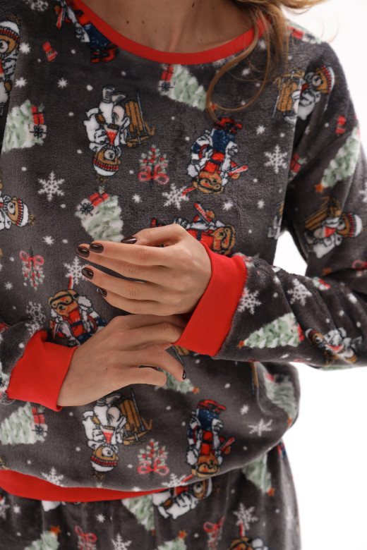 Піжамний костюм жіночий домашній з велсофту, принт ведмедики Піжамний костюм жіночий домашній з велсофту, принт ведмедики