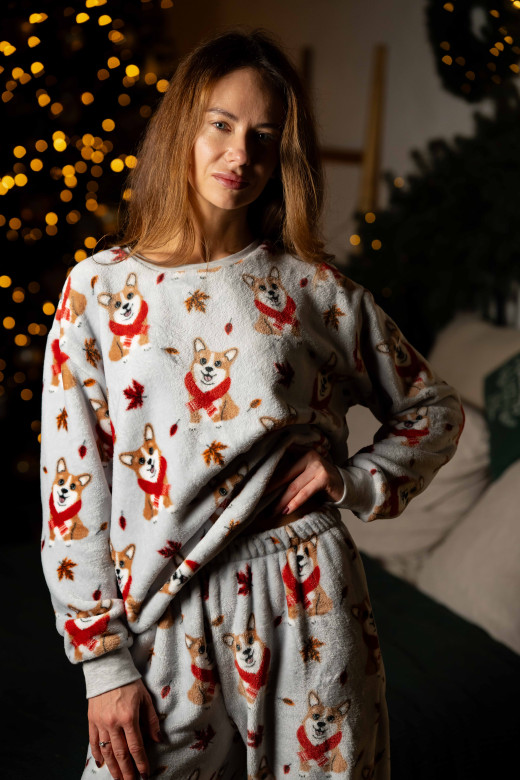 Піжамний костюм жіночий домашній з велсофту, принт коргі Піжамний костюм жіночий домашній з велсофту, принт коргі