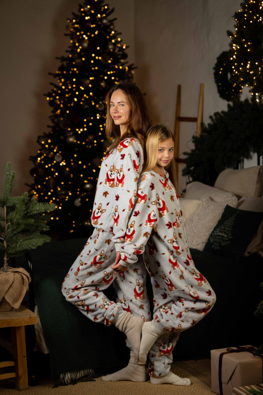 Піжамний костюм жіночий домашній з велсофту, принт коргі Піжамний костюм жіночий домашній з велсофту, принт коргі