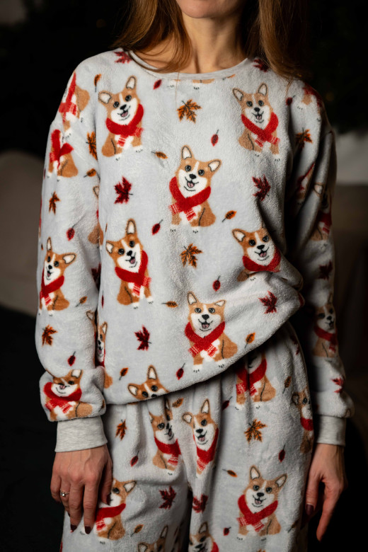 Піжамний костюм жіночий домашній з велсофту, принт коргі Піжамний костюм жіночий домашній з велсофту, принт коргі