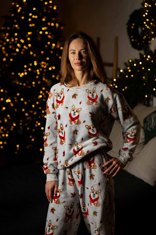 Піжамний костюм жіночий домашній з велсофту, принт коргі Піжамний костюм жіночий домашній з велсофту, принт коргі