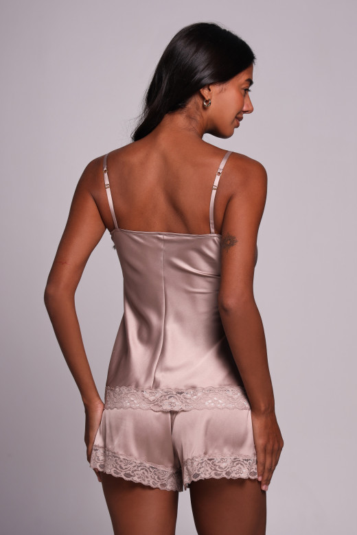Комплект шелковый женский топ и шорты с кружевом, бежевий