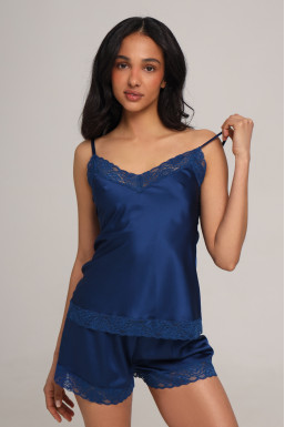 Комплект шовковий жіночий топ та шорти з мереживом, синій
