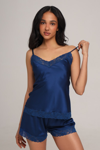 Комплект шовковий жіночий топ та шорти з мереживом, синій