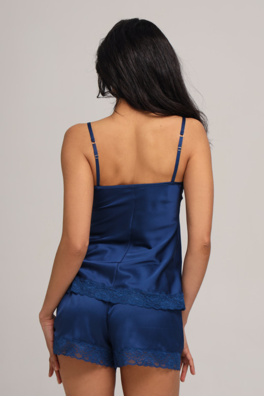 Комплект шовковий жіночий топ та шорти з мереживом, синій