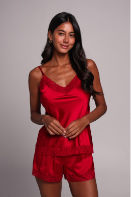 Комплект шелковый женский топ и шорты с кружевом, бордо