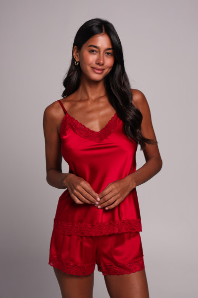 Комплект шелковый женский топ и шорты с кружевом, бордо
