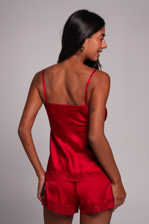 Комплект шелковый женский топ и шорты с кружевом, бордо