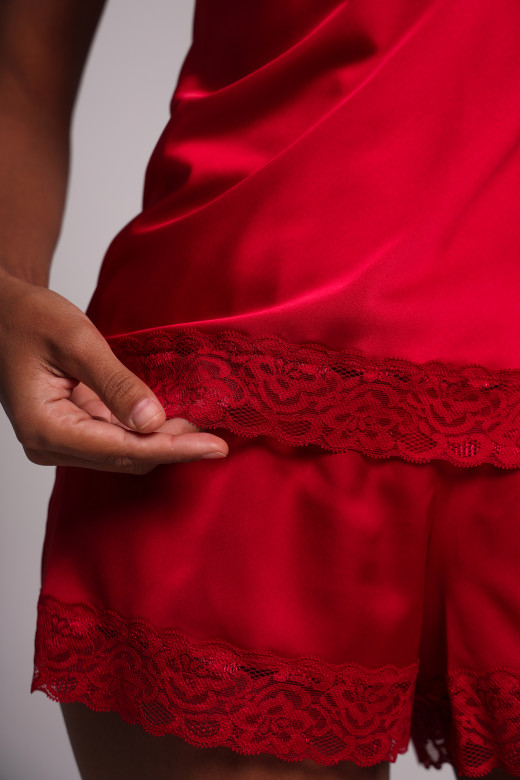 Комплект шелковый женский топ и шорты с кружевом, бордо