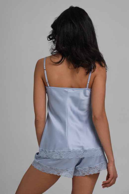 Комплект шовковий жіночий топ та шорти з мереживом, сіро-голубий
