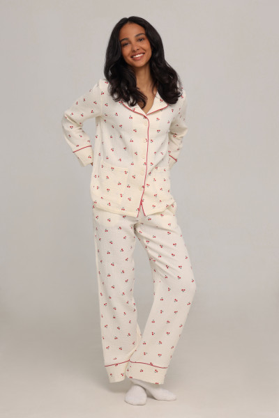 Піжамний костюм з мусліну зі штанами, принт вишні