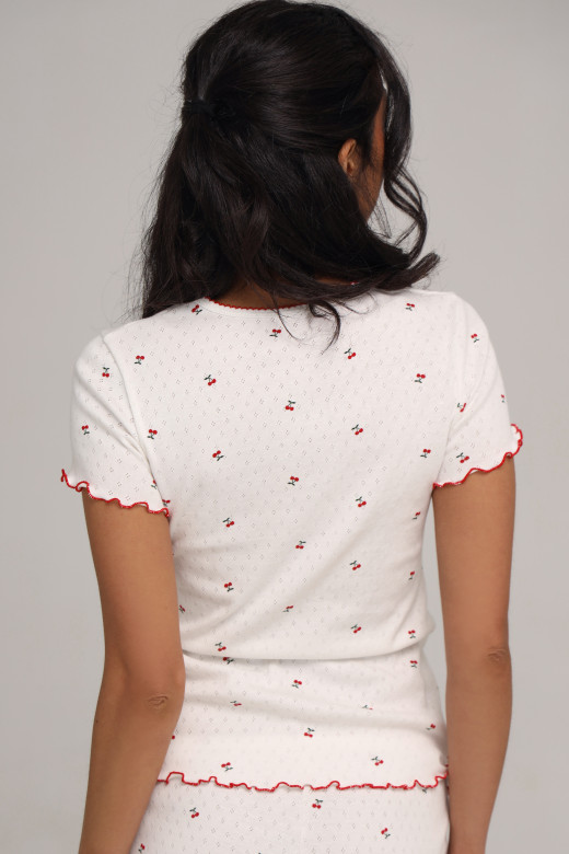 Футболка для сну з колекції "MY cherry" з принтом вишень та червоним кантом від German Volf