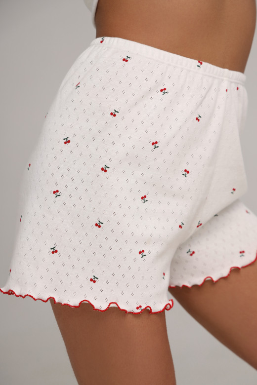 Шорти для сну жіночі з ажурного трикотажу з вишневим принтом і червоним кантом від German Volf