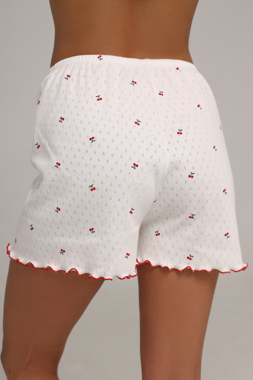 Шорти для сну жіночі з ажурного трикотажу з вишневим принтом і червоним кантом від German Volf