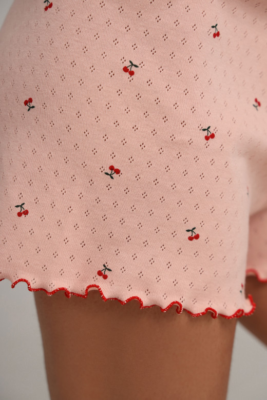 Шорти для сну жіночі з ажурного трикотажу з вишневим принтом і червоним кантом від German Volf
