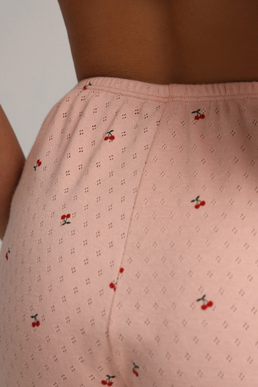 Шорти для сну жіночі з ажурного трикотажу з вишневим принтом і червоним кантом від German Volf