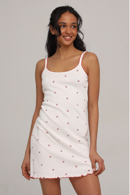 Женская сорочка на тонких бретелях с принтом вишен из коллекции  "My Cherry", белый