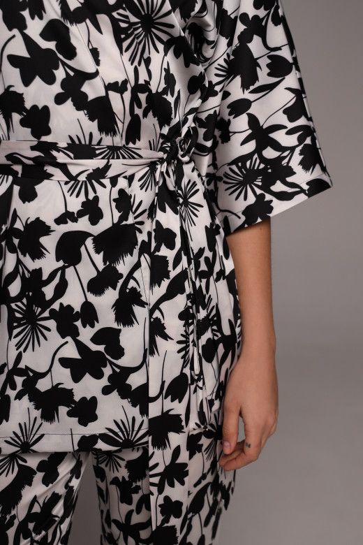 Женский шелковый домашний костюм с мини-халатом и штанами Bella