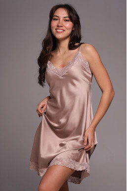 Сорочка ночная шелковая с кружевом, цвет темно-бежевий