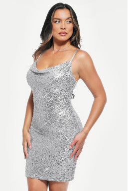 Эффектное платье с пайетками с утягивающим эффектом и шортиками, серебро