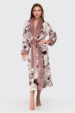 Теплий жіночий халат з плюшевої тканини, квітковий принт з контрастним коміром