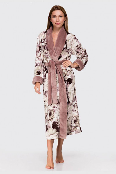 Теплий жіночий халат з плюшевої тканини, квітковий принт з контрастним коміром