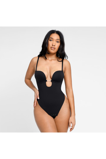 Коригувальне боді на тонких бретелях з оригінальним декольте, чорний