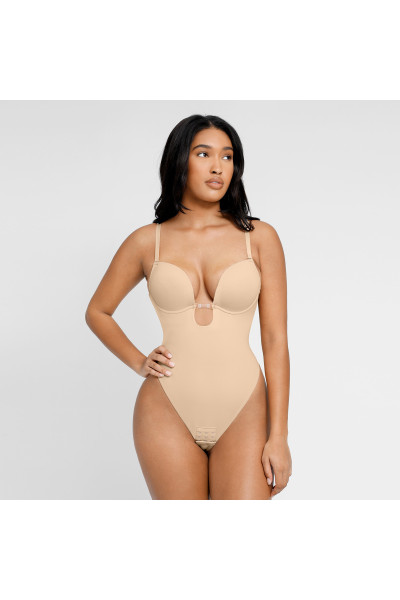 Корректирующее боди на тонких бретелях с оригинальным декольте, нюд