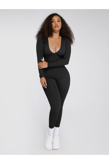 Комбинезон с длинными рукавами с коррекцией живота и поддержкой груди, черный