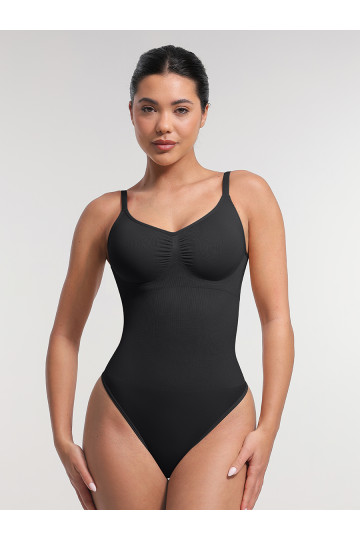 Корректирующее боди на тонких бретелях с трусиками-стрингами, чорный